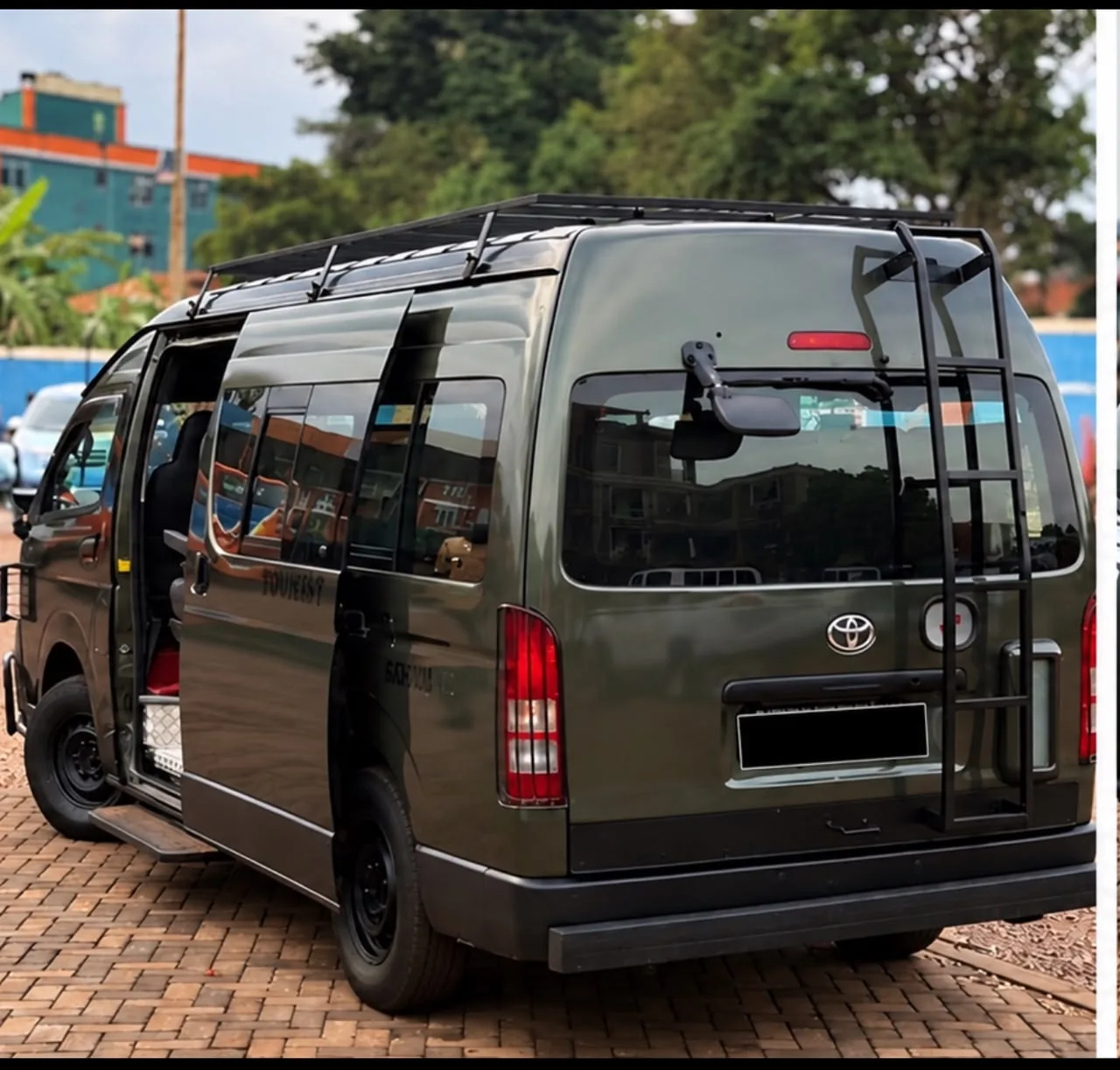 Rear view of a safari touring van